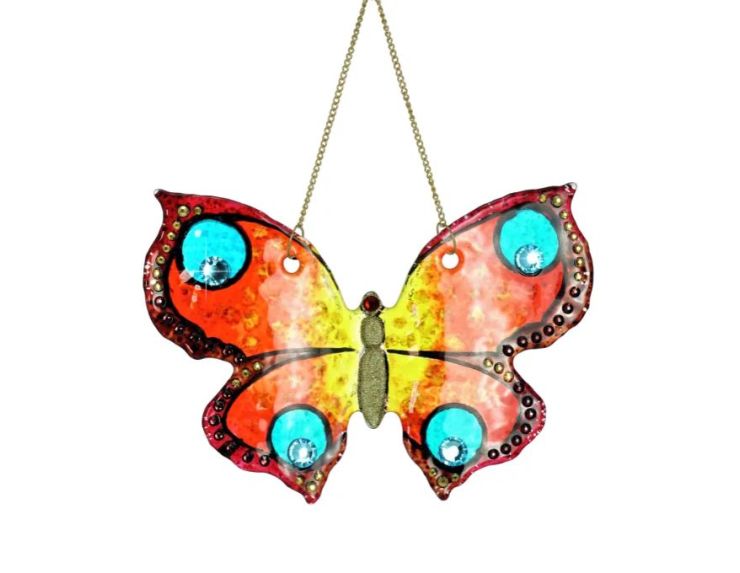 Vitrail papillon fusing orange rouge jaune cristaux Preciosa bleu turquoise suspension déco 14cm - Lilosquare