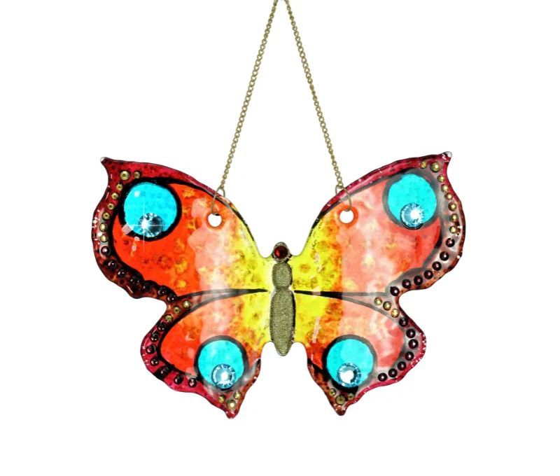 Vitrail papillon fusing orange rouge jaune cristaux Preciosa bleu turquoise suspension déco 14cm - Lilosquare