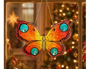 Vitrail papillon fusing orange rouge jaune cristaux Preciosa bleu turquoise suspension déco 14cm - Lilosquare