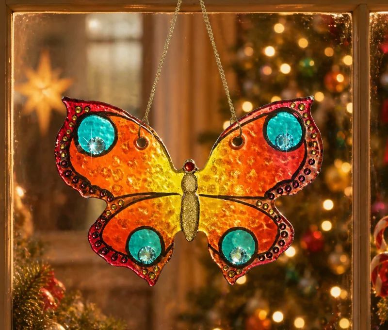 Vitrail papillon fusing orange rouge jaune cristaux Preciosa bleu turquoise suspension déco 14cm - Lilosquare