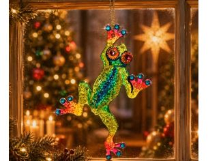 Vitrail grenouille fusing multicolore vert jaune orange rose cristaux Preciosa bleu turquoise suspension déco 17cm - Lilosquare
