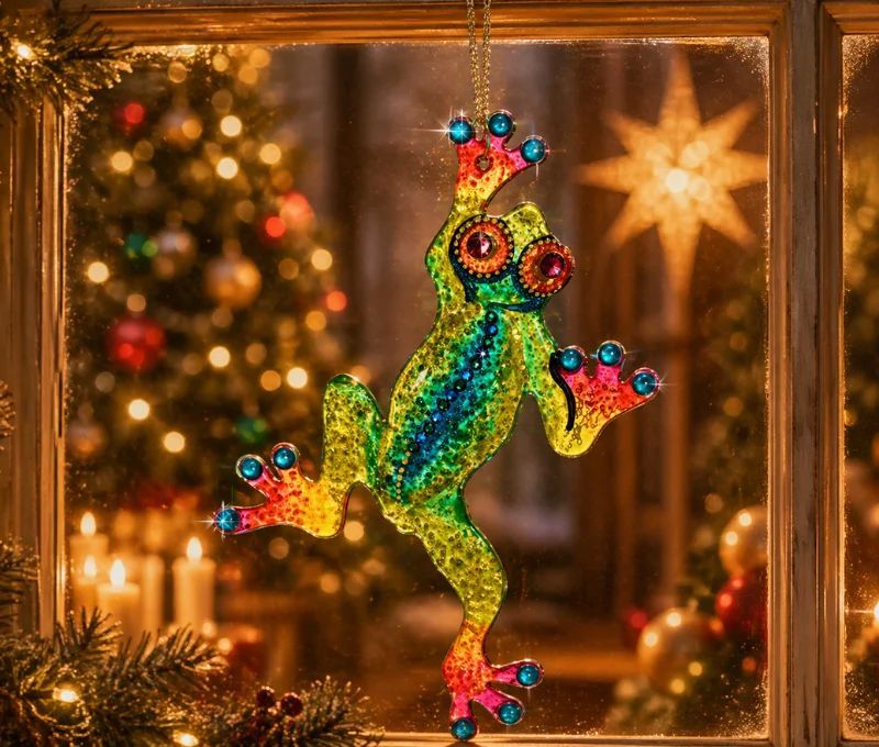 Vitrail grenouille fusing multicolore vert jaune orange rose cristaux Preciosa bleu turquoise suspension déco 17cm - Lilosquare