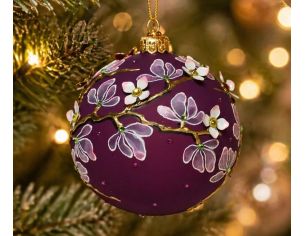 Boule Noël verre soufflé mat violet foncé fleurs magnolia blanches en relief branches dorées cristaux Ø12cm - Lilosquare