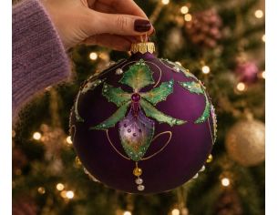 Boule Noël verre soufflé violet mat orchidée vert or cristaux Preciosa perles peinte main Ø12cm - Lilosquare