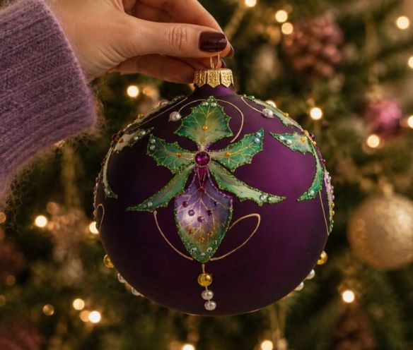 Boule Noël verre soufflé violet mat orchidée vert or cristaux Preciosa perles peinte main Ø12cm - Lilosquare
