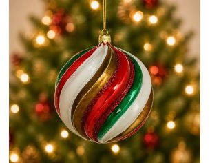 Boule Noël verre soufflé brillant spirale rouge vert blanc or bandes pailletées Ø10cm - Lilosquare