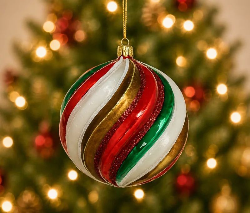Boule Noël verre soufflé brillant spirale rouge vert blanc or bandes pailletées Ø10cm - Lilosquare