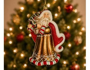 Suspension Père Noël verre soufflé peint main pain d'épices manteau rouge doré lanterne sapin H20cm - Lilosquare