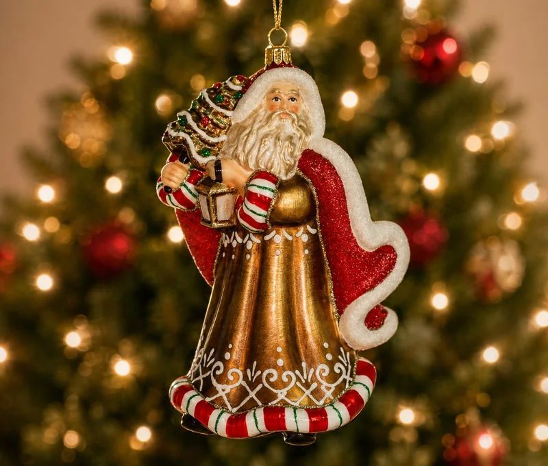 Suspension Père Noël verre soufflé peint main pain d'épices manteau rouge doré lanterne sapin H20cm - Lilosquare