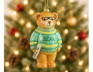 Suspension Noël ourson lunettes pull rayé vert jaune journal The Times verre soufflé brillant H18cm - Lilosquare