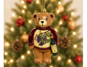 Suspension Noël ourson vigneron pull bordeaux raisins bouteille de vin verre soufflé brillant H18cm - Lilosquare
