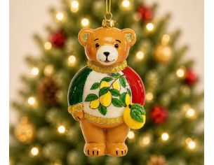 Suspension Noël ourson pull italien tricolore blanc vert rouge citrons branche verre soufflé brillant H18cm - Lilosquare