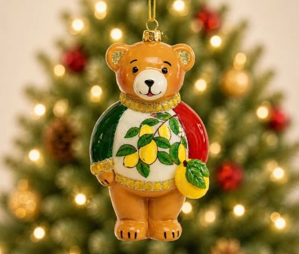 Suspension Noël ourson pull italien tricolore blanc vert rouge citrons branche verre soufflé brillant H18cm - Lilosquare