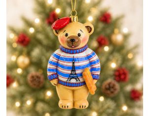 Suspension Noël ourson béret rouge marinière bleue Tour Eiffel baguette verre soufflé brillant H18cm - Lilosquare