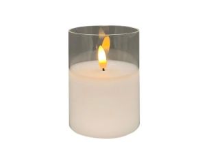 Bougie LED cire blanche dans verre cylindrique transparent flamme LED timer 5h Ø7,5cm H10cm - Lilosquare