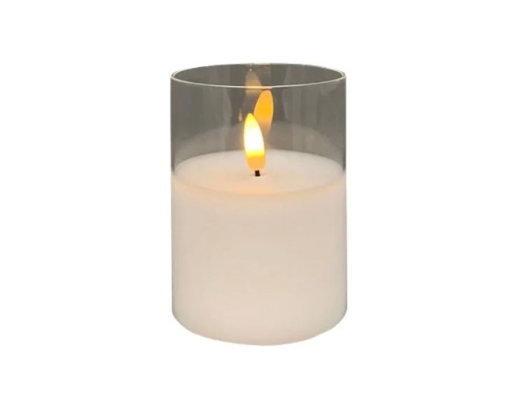 Bougie LED cire blanche dans verre cylindrique transparent flamme LED timer 5h Ø7,5cm H10cm - Lilosquare