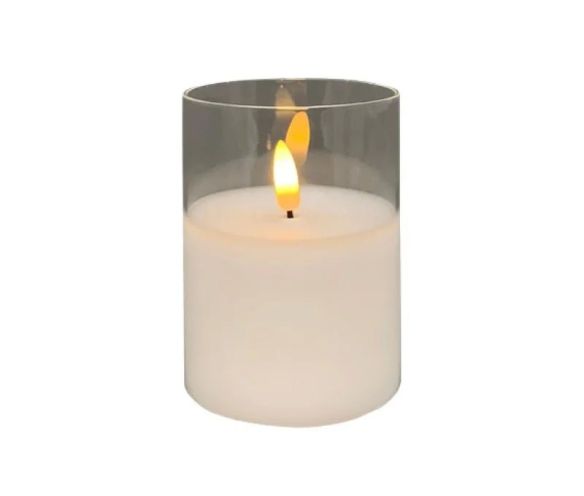 Bougie LED cire blanche dans verre cylindrique transparent flamme LED timer 5h Ø7,5cm H10cm - Lilosquare