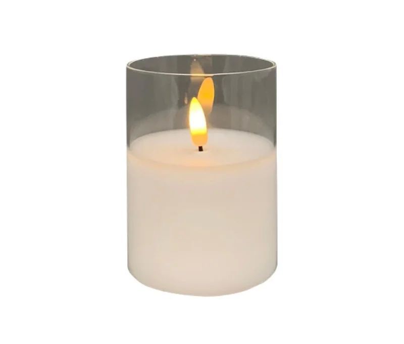 Bougie LED cire blanche dans verre cylindrique transparent flamme LED timer 5h Ø7,5cm H10cm - Lilosquare