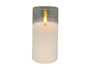 Bougie LED cire blanche dans verre cylindrique transparent grand modèle flamme LED timer 5h Ø7,5cm H15cm - Lilosquare