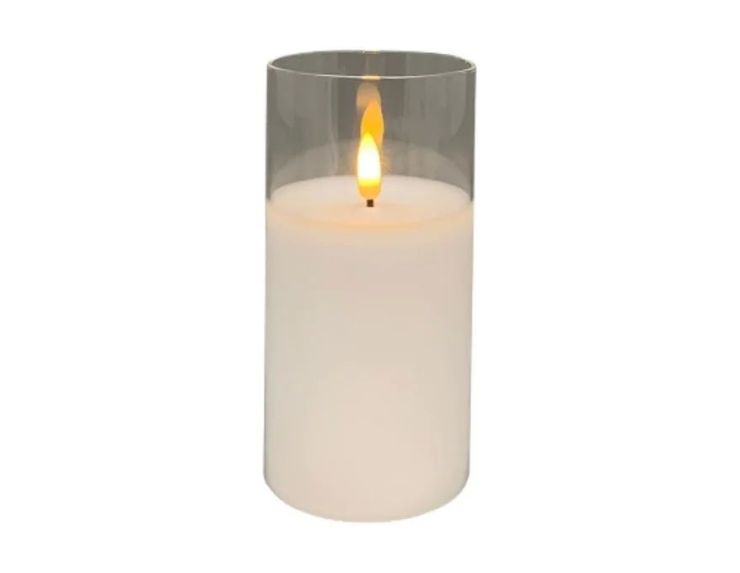 Bougie LED cire blanche dans verre cylindrique transparent grand modèle flamme LED timer 5h Ø7,5cm H15cm - Lilosquare