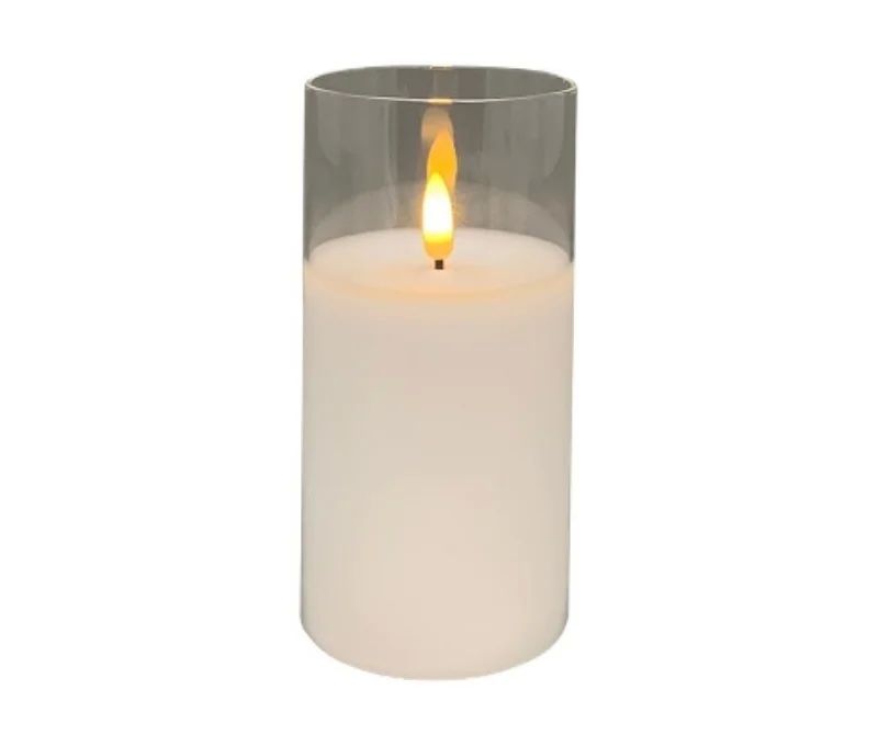 Bougie LED cire blanche dans verre cylindrique transparent grand modèle flamme LED timer 5h Ø7,5cm H15cm - Lilosquare