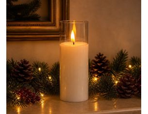 Bougie LED cire blanche dans verre cylindrique transparent grand modèle flamme LED timer 5h Ø7,5cm H15cm - Lilosquare