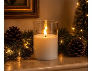 Bougie LED cire blanche dans verre cylindrique transparent flamme LED timer 5h Ø7,5cm H10cm - Lilosquare