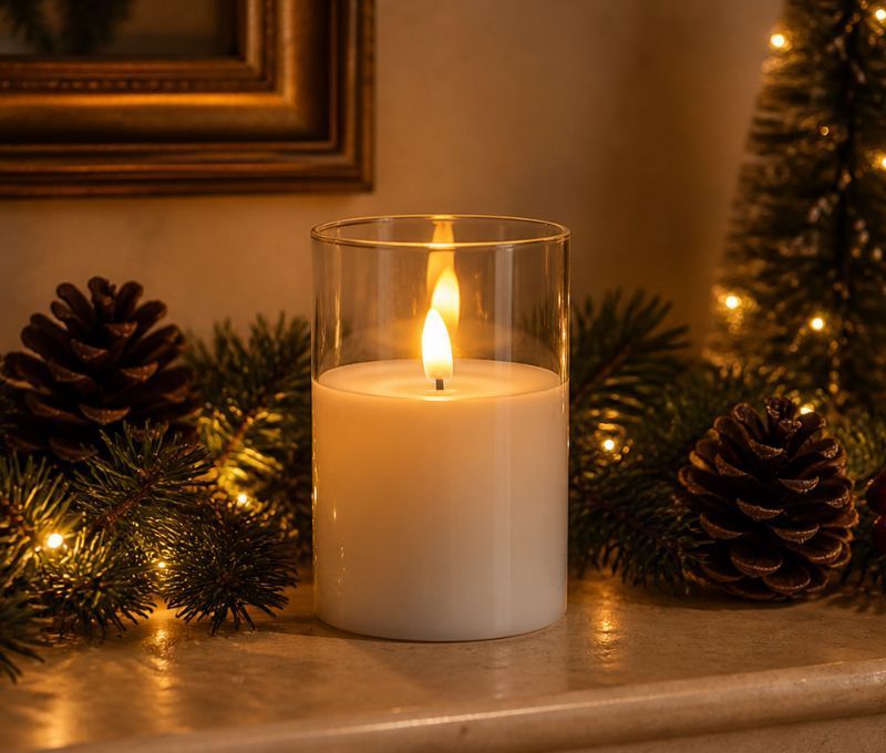 Bougie LED cire blanche dans verre cylindrique transparent flamme LED timer 5h Ø7,5cm H10cm - Lilosquare