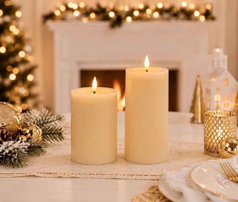 Grande bougie LED cire beige ivoire flamme LED timer intégré grand modèle sans contenant Ø7,5cm H15cm - Lilosquare