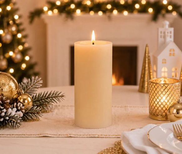 Grande bougie LED cire beige ivoire flamme LED timer intégré grand modèle sans contenant Ø7,5cm H15cm - Lilosquare