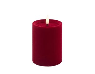 Bougie LED pilier velours rouge flocké flamme LED timer intégré Ø7,5cm H10cm - Lilosquare