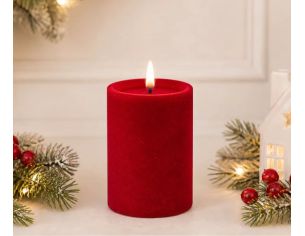 Bougie LED pilier velours rouge flocké flamme LED timer intégré Ø7,5cm H10cm - Lilosquare