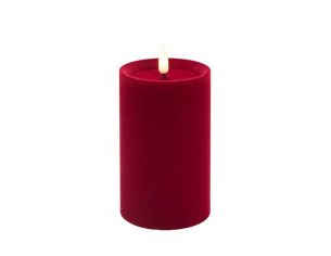 Bougie LED pilier velours rouge flocké flamme LED timer intégré Ø7,5cm H12,5cm - Lilosquare