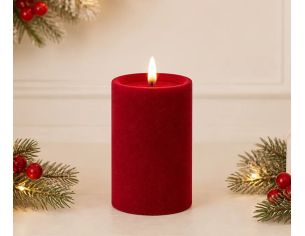 Bougie LED pilier velours rouge flocké flamme LED timer intégré Ø7,5cm H12,5cm - Lilosquare