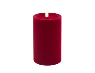 Grande bougie LED pilier velours rouge flocké flamme LED timer intégré Ø10cm H15cm - Lilosquare