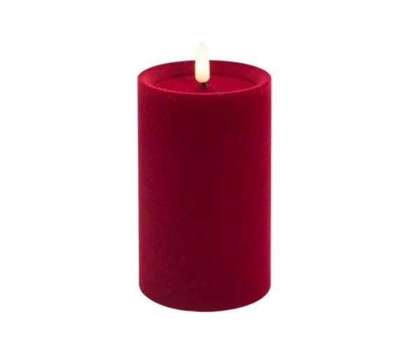 Grande bougie LED pilier velours rouge flocké flamme LED timer intégré Ø10cm H15cm - Lilosquare