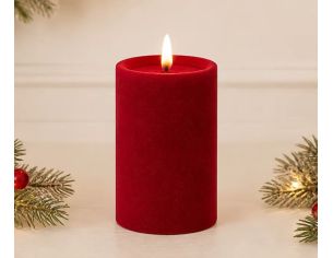 Grande bougie LED pilier velours rouge flocké flamme LED timer intégré Ø10cm H15cm - Lilosquare