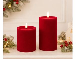 Grande bougie LED pilier velours rouge flocké flamme LED timer intégré Ø10cm H15cm - Lilosquare