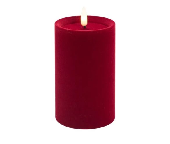 Grande bougie LED pilier velours rouge flocké flamme LED timer intégré Ø10cm H20cm - Lilosquare