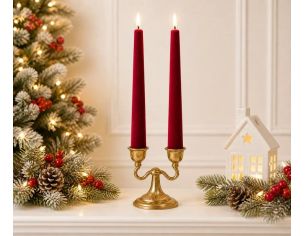 Set 2 chandelles LED velours rouge flocké flamme LED timer intégré bougeoir H22,5cm Ø2,2cm - Lilosquare