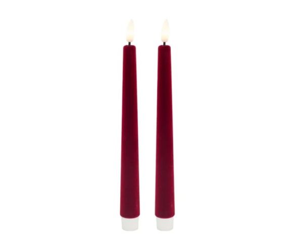 Set 2 chandelles LED velours rouge flocké flamme LED timer intégré bougeoir H22,5cm Ø2,2cm - Lilosquare