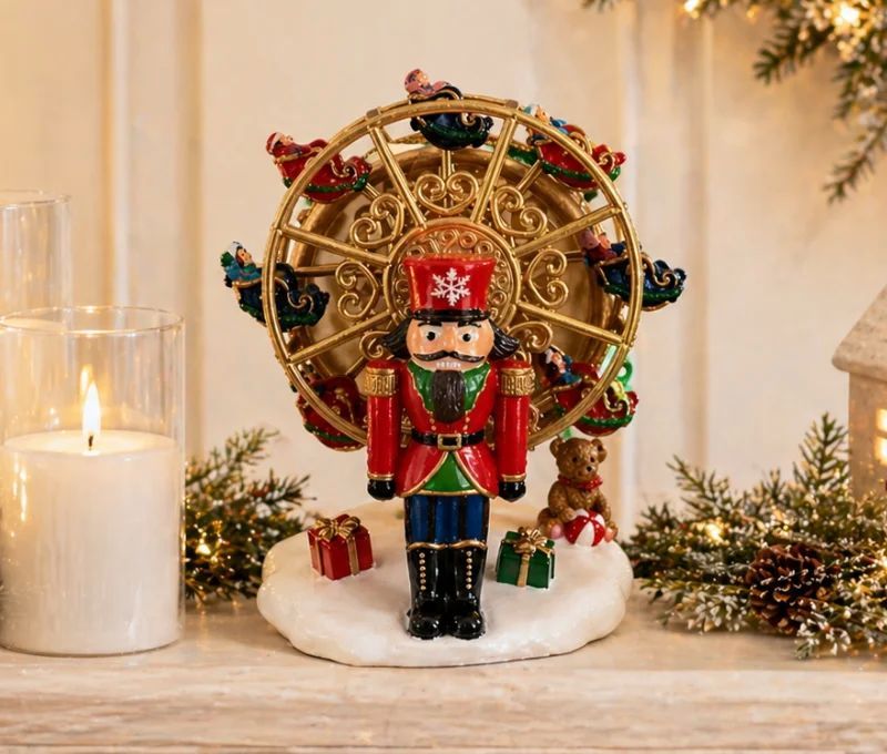 Boîte à musique grande roue dorée casse-noisette résine rouge vert or figurines Noël H14cm - Lilosquare