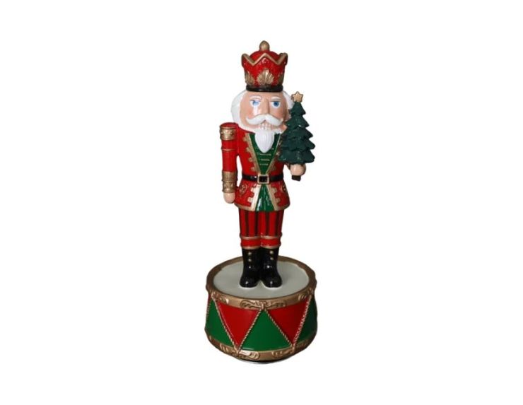 Boîte à musique casse-noisette résine rouge vert or couronne sapin de Noël tambour H22cm - Lilosquare