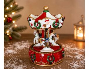 Boîte à musique carrousel Noël résine rouge blanc or Père Noël chevaux couronnes houx H16,5cm - Lilosquare