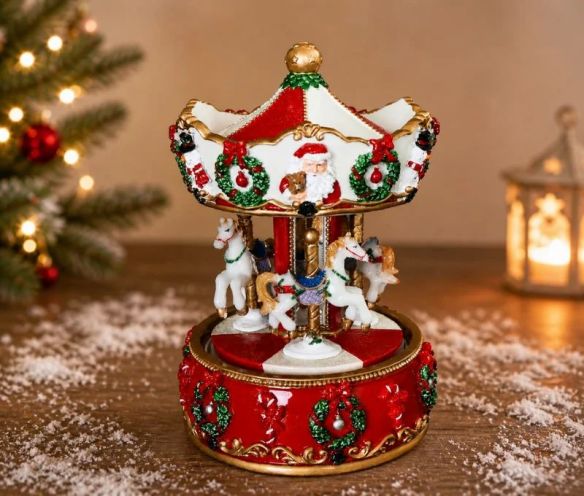 Boîte à musique carrousel Noël résine rouge blanc or Père Noël chevaux couronnes houx H16,5cm - Lilosquare