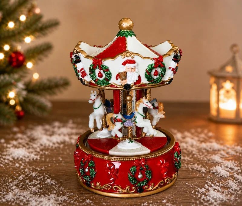 Boîte à musique carrousel Noël résine rouge blanc or Père Noël chevaux couronnes houx H16,5cm - Lilosquare