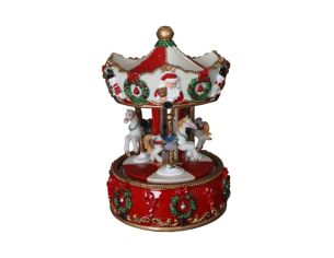 Boîte à musique carrousel Noël résine rouge blanc or Père Noël chevaux couronnes houx H16,5cm - Lilosquare