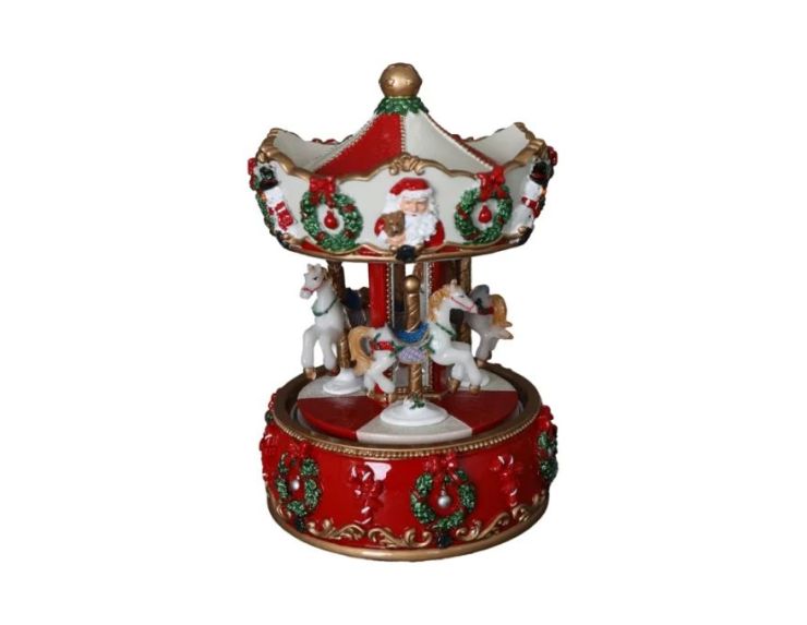 Boîte à musique carrousel Noël résine rouge blanc or Père Noël chevaux couronnes houx H16,5cm - Lilosquare