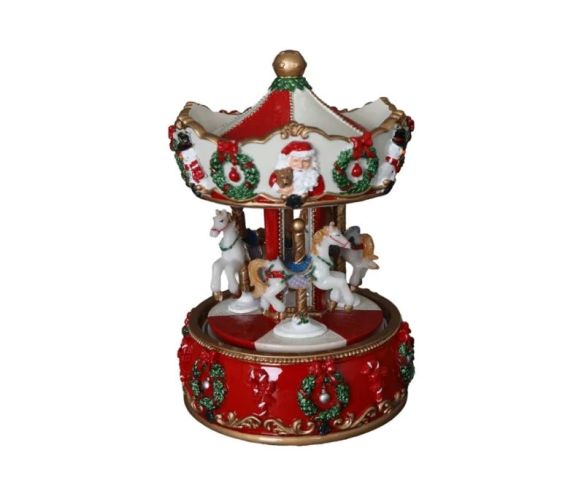 Boîte à musique carrousel Noël résine rouge blanc or Père Noël chevaux couronnes houx H16,5cm - Lilosquare