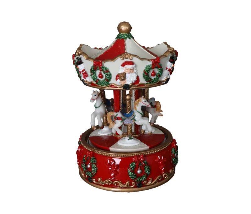 Boîte à musique carrousel Noël résine rouge blanc or Père Noël chevaux couronnes houx H16,5cm - Lilosquare